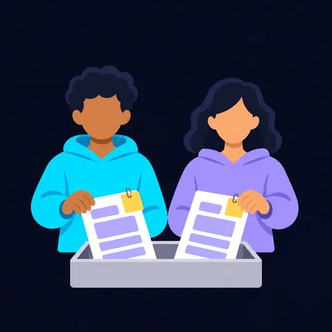 AI-generated illustration: both students hand in papers, each with a small attached disclosure note.