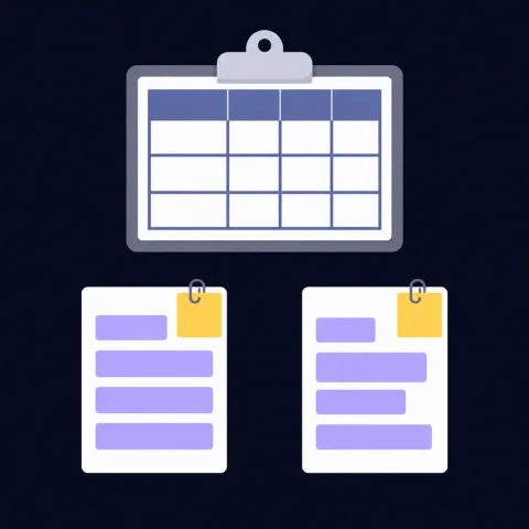 AI-generated illustration: a rubric on a clipboard above the two papers, one more polished in layout.