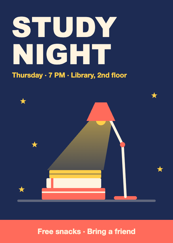 The poster the same four prompts made when sent as one message: a straight lamp with a coral shade, five stars, and the same title, date line and band.