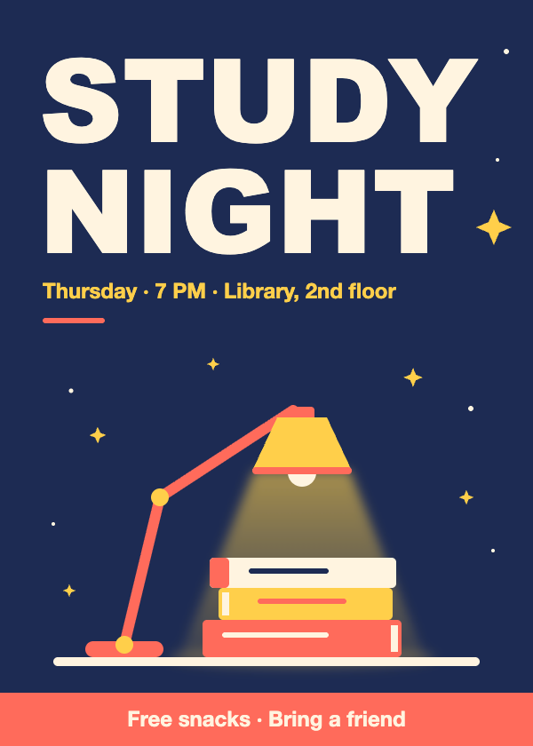 Target poster: “STUDY NIGHT”, “Thursday · 7 PM · Library, 2nd floor”, a lamp shining on a stack of books, and “Free snacks · Bring a friend”.