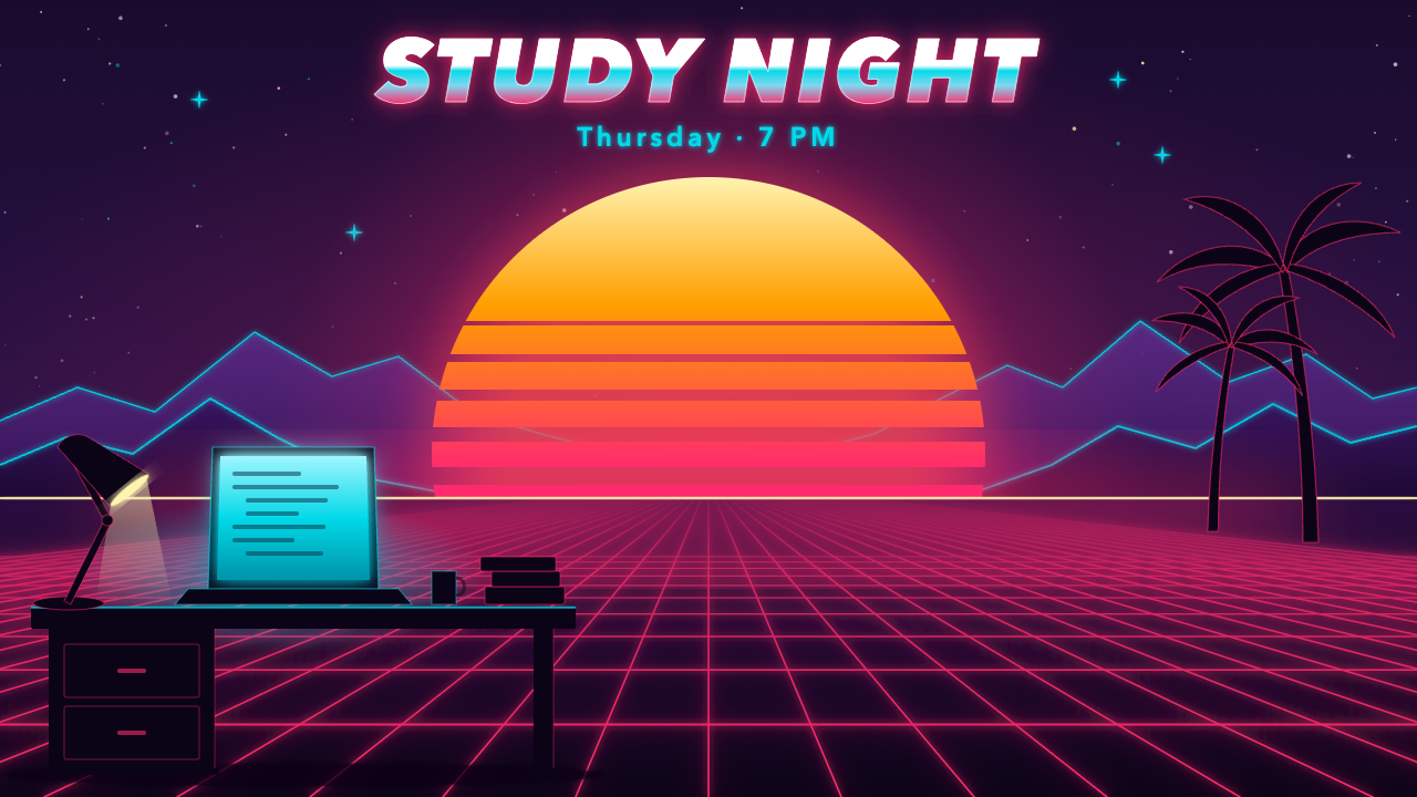 Target picture: a neon night scene with the title “STUDY NIGHT” and “Thursday · 7 PM”, a setting sun, and a desk with a laptop.