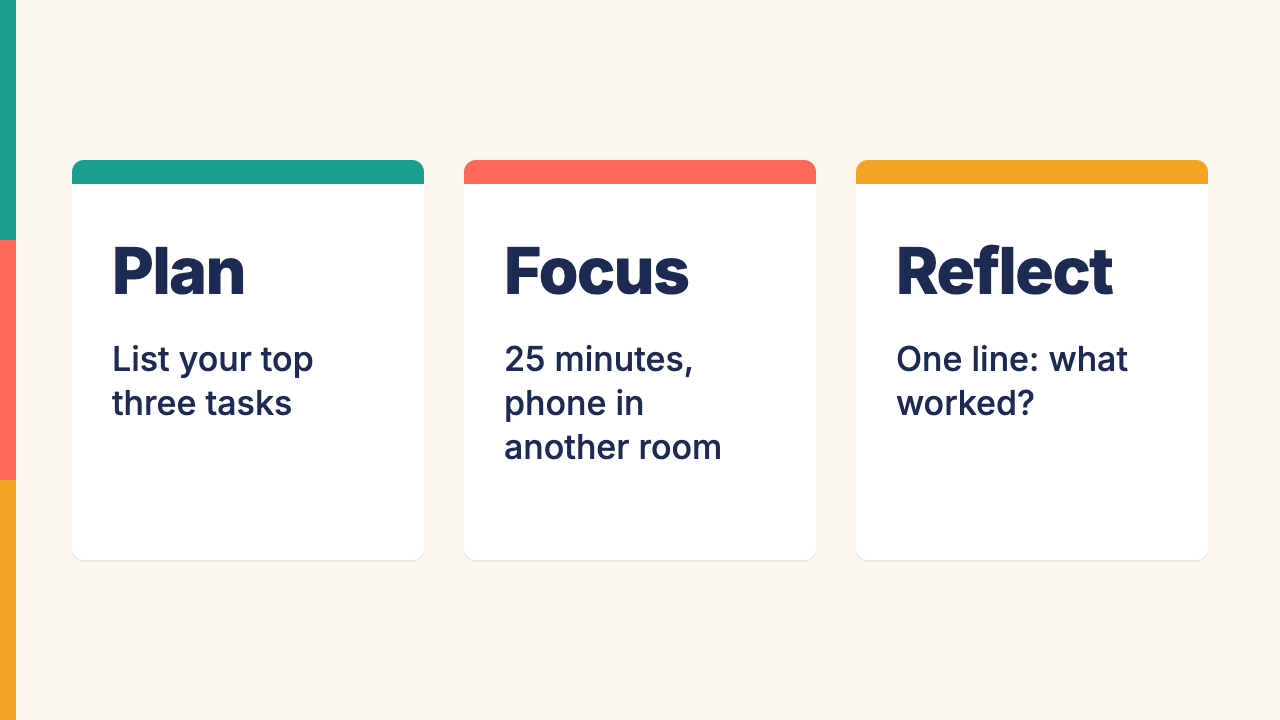 Target slide 2: three cards, one per stage, each with one tip.